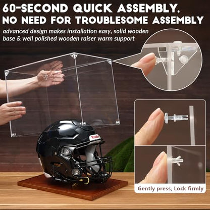 JupDec Football Helmet Display Case, Full Size Acrylic Baseball Motorcycle Helmet Showcase, UV Protection Souvenirs and Collectibles Box with Solid Wood Base & Riser, Ideal Gift for Sports Enthusiast - size: 1 Pack