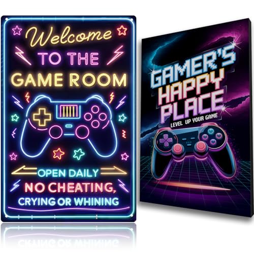 Gamer Room Decor for Boys Welcome Sign: Gaming Wall Art Accessories, Cool Play Room Posters for Boys Room, Kids Door Sign Gifts, Teenage Wall Pictures, Bedroom Decorations, Video Game Stuff for Gamer - style: Level Up Lounge