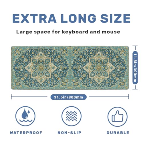 Persian Desk Mat Gaming Large Mouse Pad Teal Gold Ornate Floral Botanical Mousepad Computer Keyboard Pad Mouse Mat Laptop Mat 31.5 x 11.8 Mouse Pads for Desk Home Office Gaming - color: Persian, size: 31.5" x 31.5"