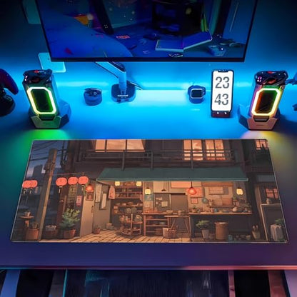 Extended Gaming Mouse Pad XL, Japanese Anime Desk Mat 31.5x15.7, Non-Slip | Beautiful large desk pad featuring a cozy retro Japanese street design. Elevates your aesthetic home office setup. - color: Warm and Cozy Store