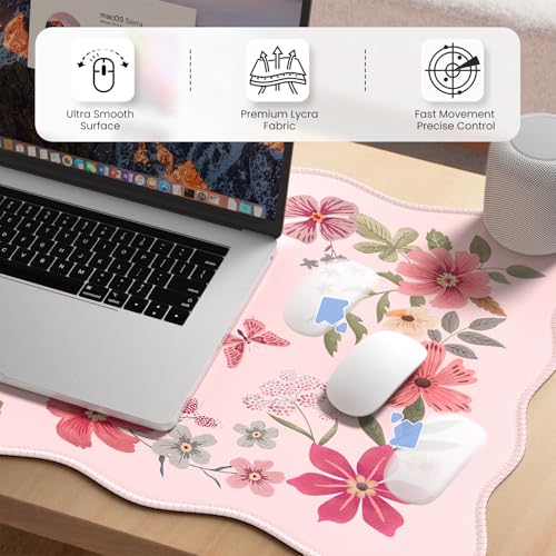 HAOCOO Desk Pad Mat, Pink Scalloped Desk Pad, Computer Desk Mat, Non-Slip Desk Pad for Keyboard and Mouse, Large Desk Mouse Pad with Egde Stitched, Waterproof Floral Keyboard Mat for Office (Hot Pink) - color: Hot Pink Wave