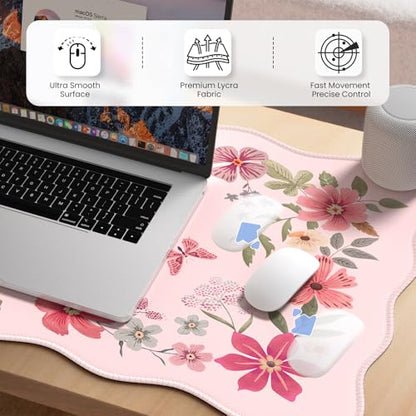 HAOCOO Desk Pad Mat, Pink Scalloped Desk Pad, Computer Desk Mat, Non-Slip Desk Pad for Keyboard and Mouse, Large Desk Mouse Pad with Egde Stitched, Waterproof Floral Keyboard Mat for Office (Hot Pink) - color: Hot Pink Wave