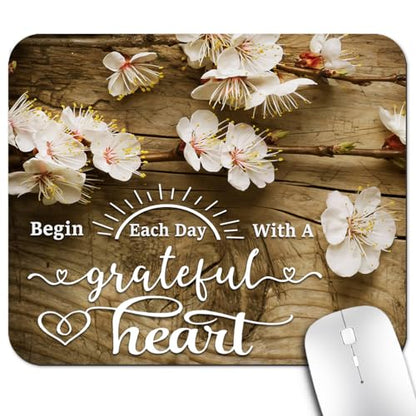 Plum Blossoms Mouse Pad, Begin Each Day with A Grateful Heart Desk Mat | Inspirational Quote White Flowers Rustic Wood Grain Floral, Anti-Slip Rubber Base, Silky Smooth Surface, Cute Mousepad - color: Color_CNaf