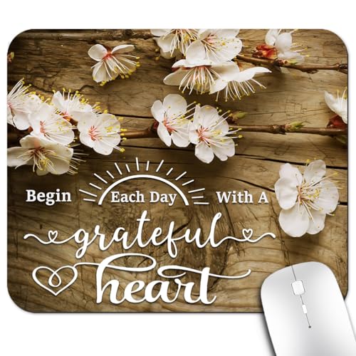 Plum Blossoms Mouse Pad, Begin Each Day with A Grateful Heart Desk Mat | Inspirational Quote White Flowers Rustic Wood Grain Floral, Anti-Slip Rubber Base, Silky Smooth Surface, Cute Mousepad - color: Color_CNaf