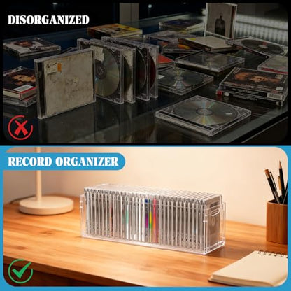 2 Pack DVD/CD Storage Box Acrylic Clear DVD Holder Case with Handles Stackable Storage Container Shelf Organizer Bin for CDs Video Games Cases Blu-Rays Books Booklets Countertop Cabinet Home Office