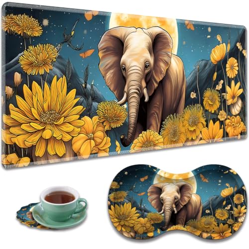 Large Gaming Mouse Pad + Wrist Rest+ Coaster Combo, 31.5 "x 11.8" Durable Non-Slip Extension Table Mat, Suitable for Office and Home, Flower Field Baby Elephant - color: Flower Field Baby Elephant