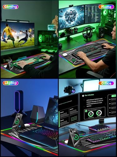 Mouse Pad with Foldable Phone Holder & Wireless Charger, XXL RGB Gaming Mousepad 31.5"x15.8" Large Desk Mat for Keyboard, Black Desk Pad with Dual Qi Charging Station | 11 Colors 5 Modes - color: Wave-Phone Holder-31.5"x15.8"