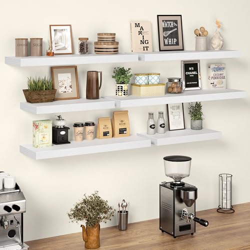24 Inch Floating Shelves, 12 Inch Deep Floating Shelves for Wall, Extra Deeper & Thicker Wooden Wall Shelf with Invisible Brackets, Shelf for Bedroom Living Room Home Decor（White, Set of 2） - color: White, size: 24"W x 12"D x 2"H, Set of 2