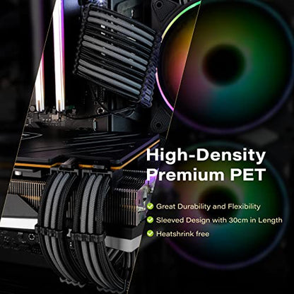 EZDIY-FAB PSU Extension Cable Sleeved Custom Mod PC Power Supply Cable, Soft Nylon Braided with Comb Kit 24PIN/8PIN to 6+2Pin/ 8PIN to 4+4PIN-30CM - Black Grey - color: Black Grey