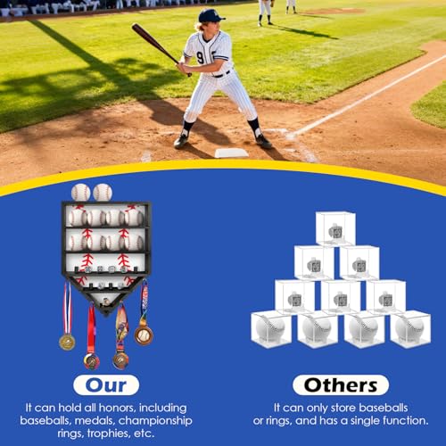 Baseball Ring Display Case - Solid Wood Wall Mounted Baseball Holder for Balls, Championship Rings, Medals & Trophies - Perfect Baseball Fan Gift (Black)