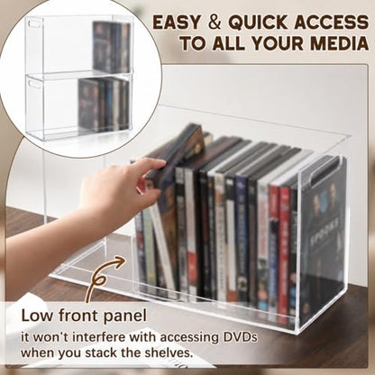 CroBlissful 2 Pcs Acrylic Dvd Storage Box, Clear Stackable Movie Case Holder with Handles, Media Organizer for Cds and Dvds