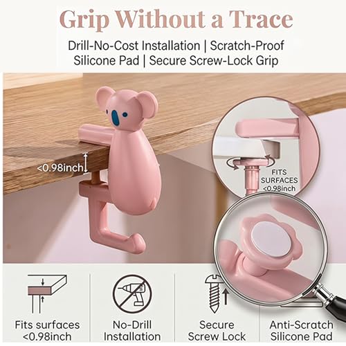 Cute Koala Purse Hook for Desk,22 Lbs Heavy Duty Bag Hanger for Table,No Drill Anti-Slip Desk Hook for Backpack&Headphones,Aesthetic Office Accessories Gifts for Women Girls (Pink (1-Pack)) - color: Pink (1-Pack)