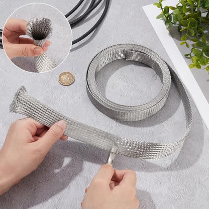 UNICRAFTALE 1" Wide Stainless Steel Braided Sleeving Braid Cable Wire Shielding Sleeve Ground Straps Protection Flat Metal Mesh Flexible Expandable Scalable Ribbon Wire for Protect Cable 13.12 Feet - size: 4m x 25mm