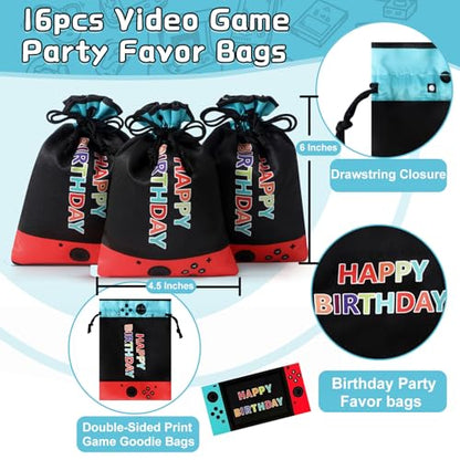 RICHNESS 16pcs Video Game Party Favor Bags Drawstring Game on Party Bags 4.5X6IN Satin Goodie Bags - color: Black