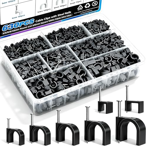 mxuteuk 630PCS Cable Clips with Steel Nails,4/5/6/8/10mm Round and 5/6mm Square Black Cable Wire Clips,Wall Clips for Cords,Cable Cord Clips for RG6 RG59 CAT6 RJ45 - color: Black-630PCS 4/5/6/8/10mm