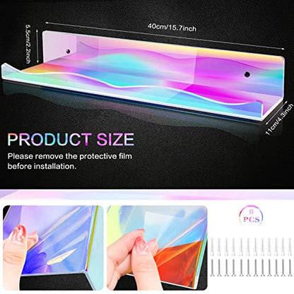 DILIBRA 6 Packs Iridescent Clear Acrylic Floating Shelves, 15.7 Inch Large Set up for Funko Pop Display Case Picture Ledge Shelf, Acrylic Floating Wall Bookshelf Organizer for Kids Room Bathroom