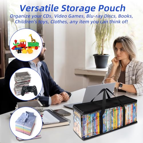 DVD Storage Bags 6 Pack DVD Storage Holder Case Clear PVC Media Holder with Handles for DVDs, CDs, Video Games, Books, Black