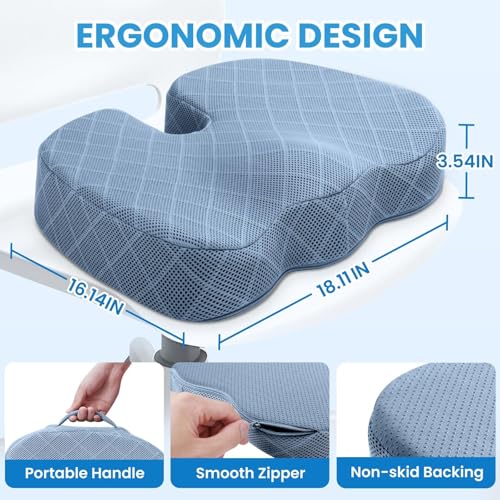 TushGuard Office/Car Seat Cushion, Non-Slip Sciatica & Back Coccyx Tailbone Pain Relief Chair Pad, Memory Foam Butt Pillow for Computer Desk, Wheelchair, Driving (Light Blue, X-Large) - color: Light Blue, size: X-Large