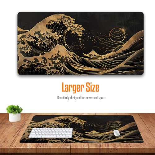 VNDL Large Japanese Black and Gold Gaming Mouse Pad, Sea Waves, Premium Non-Slip Anime Desk Pad for Office, Extended XL XXL Mouse Mat and Laptop Pad, Waterproof and Stiched Edges 31.5 x 15.7 in (wg2) - color: wg2