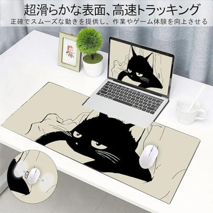 Gaming Mouse Pad XXL Extended Anime Mouse Pad 31.5x15.7inch, Large Cute Kawaii Big Computer Mouse Mat Desk Pad with Non-Slip Rubber Base and Stitched Edge for Home Office-Black Cat - color: Black Sleeping Cat, size: 31.5L x 15.7W inches