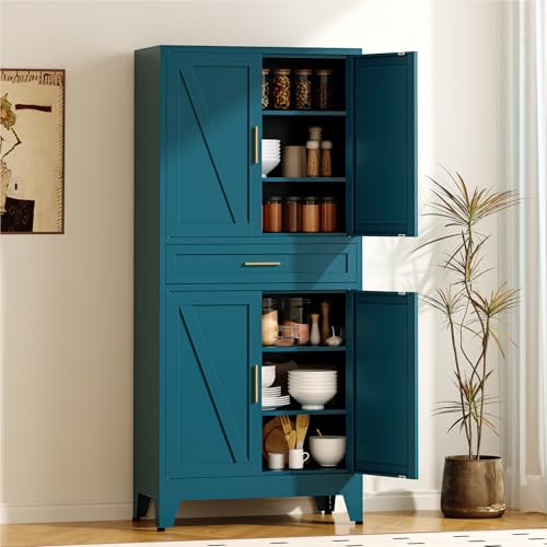 COFaR 71" Metal Pantry Cabinet with Drawer, Peacock Blue Storage Cabinet with Adjustable Shelves, 3-Section Modern Statement Cupboard for Kitchen & Bathroom - color: Peacock Blue, size: 71"H 6 Tiers & Drawer
