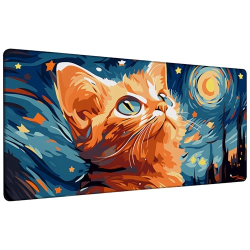 Orange Cat Under Starry Night Gaming Mouse Pad with Stitched Edges Non-Slip Rubber Base Mouse Pad for Office,Computer,Keyboard,Laptop and Home Desk,35.4 x 15.7 Inch - color: Orange Cat under Starry Night, size: 15.7*35.4inch