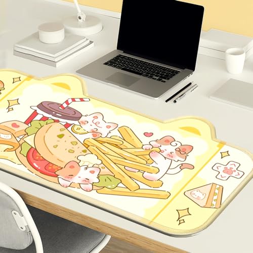 PERFECTSIGHT Cute Cat Desk Mat Kawaii Fast Food Desk Pad, Switch Large Gaming Mouse Pad, Cartoon Deskmat Mousepad, Anime Blotter Protector Laptop Keyboard Pad for Women Girls, Kitty - color: Yellow