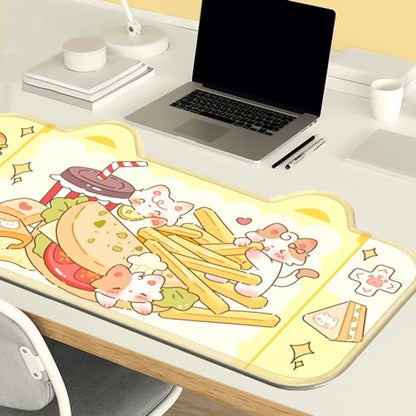PERFECTSIGHT Cute Cat Desk Mat Kawaii Fast Food Desk Pad, Switch Large Gaming Mouse Pad, Cartoon Deskmat Mousepad, Anime Blotter Protector Laptop Keyboard Pad for Women Girls, Kitty - color: Yellow