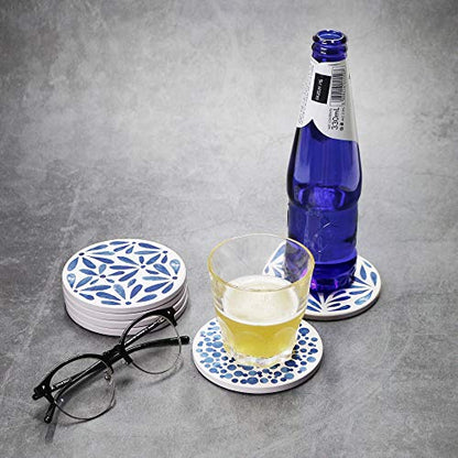 AD Set of 6 Coasters for Drinks Absorbing Round Ceramic Stone Coaster with Cork Base,Tabletop Protection Mat for Mugs and Cups,Office,Kitchen (Indigo Blue with Holder) - style: Indigo Blue with Holder