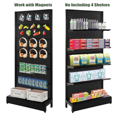 NectaCol Pegboard Display Stand, Gondola Retail Shelving Wall Display for Convenient Grocery Office Supply or Liquor Stores, Single Side Peg Board Panels, Extra 20 Hooks, No Including 4 Shelves - size: 1 Unit - Single Side - Black