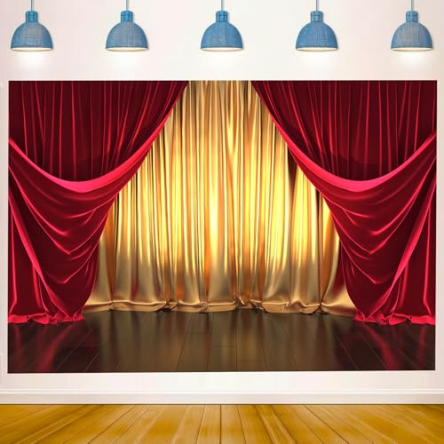 3D Rendering Theater Stage Theme Photography Backdrops Golden and Red Curtains Photo Studio Props Vinyl Background for Wedding Birthday Party Decoration Banner 6x4ft - size: 6x4FT(180CM X 120CM）