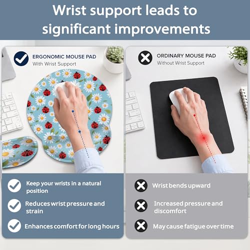 Ladybug Wrist Rest Mouse Pad and Keyboard Support Set,Daisy 3 in 1 Ergonomic Memory Foam Mousepad with Non Slip Base, Gaming Mouse Pad for Office and Home - color: Ladybug Daisy