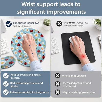 Ladybug Wrist Rest Mouse Pad and Keyboard Support Set,Daisy 3 in 1 Ergonomic Memory Foam Mousepad with Non Slip Base, Gaming Mouse Pad for Office and Home - color: Ladybug Daisy