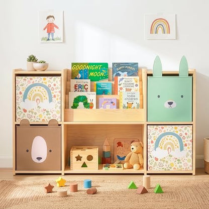 OOOK 4 Pack Foldable Fabric Storage Bins, 11.4" x 10.6" x 11.8" Cute Storage Box, Closet Organizers for Bedroom, Nursery, Shelves & Cube Storage Shelving Units (Bear, Rabbit, Rainbow Pattern)