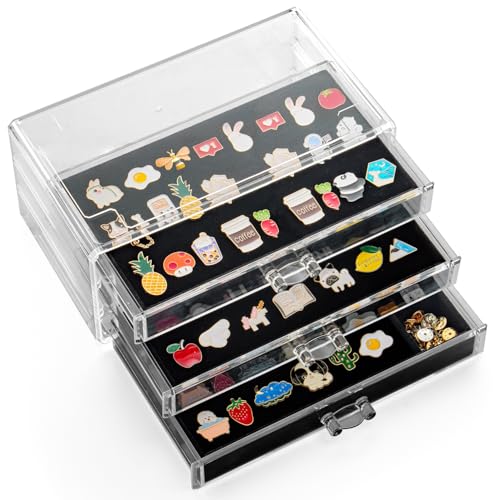 SPAKOWN Pin Display Case With 3 Drawers, Enamel Pin Display Box Dustproof Pin Collection Display Holder Pin Organizer for Collectors (Black) - color: Black, size: 3 Drawers