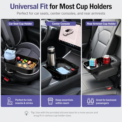 Car Seat Snack Tray for Toddlers, Reduces Mess Square Travel Tray Cup Holder Snack Tray, Durable Car Food Tray for Kids, Universal Fit Kids Travel Road Trip Essentials (Black) - color: Black
