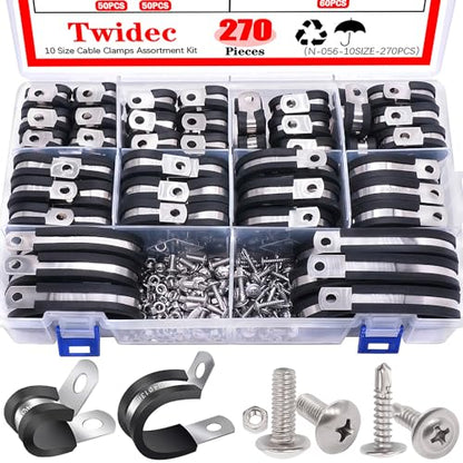 Twidec/270PCS Cable Clamps Assortment Kit 304 Stainless Steel Rubber Coated Cushion Clamps 10 Sizes 1/4" 5/16" 3/8" 1/2" 5/8" 3/4" 1" 1-1/4" 1-1/2" 1-3/4" With Screw For Automotive Wire Pipe Clamps - size: Multi-Size - 270 PCS