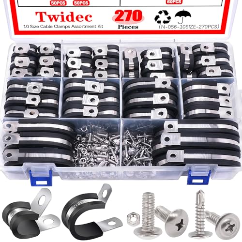 Twidec/270PCS Cable Clamps Assortment Kit 304 Stainless Steel Rubber Coated Cushion Clamps 10 Sizes 1/4" 5/16" 3/8" 1/2" 5/8" 3/4" 1" 1-1/4" 1-1/2" 1-3/4" With Screw For Automotive Wire Pipe Clamps - size: Multi-Size - 270 PCS