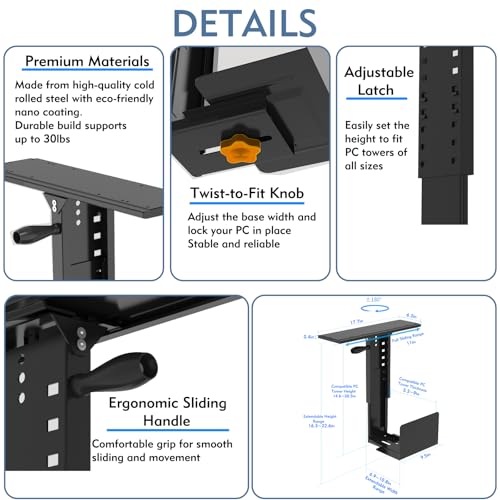 Under Desk PC Mount with Sliding Rail, 55 lbs Load Capacity, Height and Width Adjustable CPU Holder with 360° Swivel, Computer Case CPU Machine Holder Stand with Swivel and Secure Locking