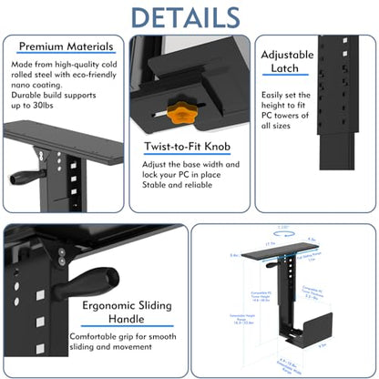 Under Desk PC Mount with Sliding Rail, 55 lbs Load Capacity, Height and Width Adjustable CPU Holder with 360° Swivel, Computer Case CPU Machine Holder Stand with Swivel and Secure Locking