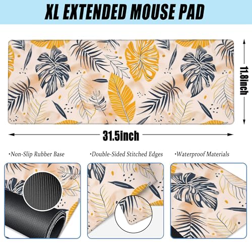 Desk Mat, Boho Palm Leaves Large Gaming Mouse Pad for Desk XL,Boho Tropical Leaves Desk Pad,Extended Big Computer Keyboard Mouse Pad with Non-Slip Base and Stitched Edge 31.5"x11.8" - color: Boho Palm Leaves, size: XL-31.5"x11.8"