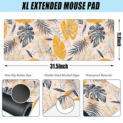 Desk Mat, Boho Palm Leaves Large Gaming Mouse Pad for Desk XL,Boho Tropical Leaves Desk Pad,Extended Big Computer Keyboard Mouse Pad with Non-Slip Base and Stitched Edge 31.5"x11.8" - color: Boho Palm Leaves, size: XL-31.5"x11.8"