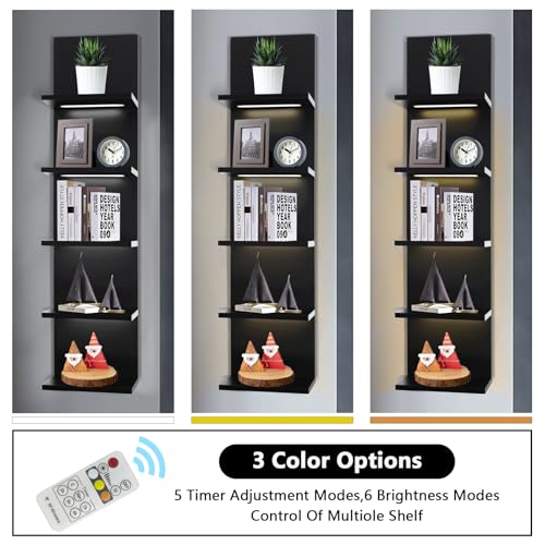 5 Tier Wall Shelf Unit, Black Shelves,Lack Shelf, Wall Shelves for Bedroom，Office,Bathroom, Vanity Shelves with LED Remote Control Light - color: Black