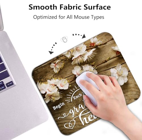 Plum Blossoms Mouse Pad, Begin Each Day with A Grateful Heart Desk Mat | Inspirational Quote White Flowers Rustic Wood Grain Floral, Anti-Slip Rubber Base, Silky Smooth Surface, Cute Mousepad - color: Color_CNaf