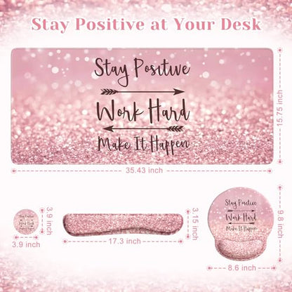 iCasso Mouse Pad,Large Pink Desk Mat Set, 4in1 XXL Mousepad + Keyboard Wrist Rest+Mouse Wrist Rest+Coaster with Ergonomic Desk Pad for Home Office Table Computer Cover -Pink Stay Positive - color: 1-Pink Stay Positive