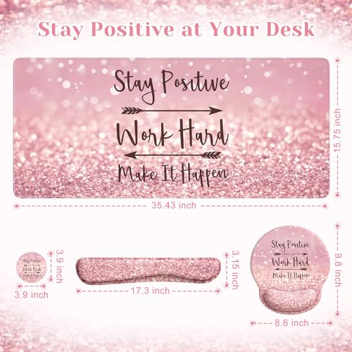 iCasso Mouse Pad,Large Pink Desk Mat Set, 4in1 XXL Mousepad + Keyboard Wrist Rest+Mouse Wrist Rest+Coaster with Ergonomic Desk Pad for Home Office Table Computer Cover -Pink Stay Positive - color: 1-Pink Stay Positive