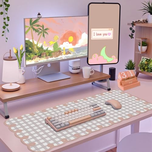 Cute Pink Scalloped Desk Mat Kawaii Pastel Retro Checkered Large Mouse Pad Boho Aesthetic Vintage Stitched Nonslip Pad Office Girl Women Desk Decor Computer Keyboard & Mouse 31 * 15.7in - color: A1- Pink Gray
