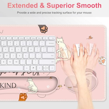 Large Gaming Mouse Pad Set, Pink Cats Ergonomics Keyboard Desk Mat with Memory Foam Wrist Rest, Extended Game Mousepad, Non-Slip Desk Pad Matt Easy Typing Pain Relief I Be Kind to Yourself - color: Be Kind to Yourself