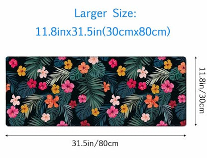 Gaming Mouse Pad, Large Mouse Pads for Desk, Non-Slip Rubber Base Mousepad, Keyboard Mouse Mat, Desk Pad with Stitched Edges, 31.5x11.8 inch Hibiscus Flowers and Palm Leaves - color: Hibiscus Flowers and Palm Leaves, size: 31.5" x 11.8"
