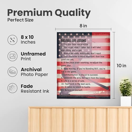 ZUKIY Baseball Life Lessons Wall Art - Motivational Poster for Boys Bedroom or Office - Inspirational Baseball Quote Print 8x10 Unframed - Sports Decor for Home Gym Classroom or Game Room